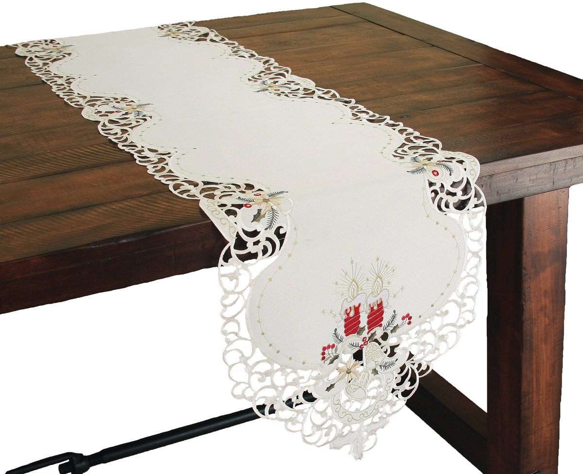 XD11211 Candle Light Collection table runner featuring intricate Christmas candle embroidery and golden lycra accents, perfect for holiday decor.